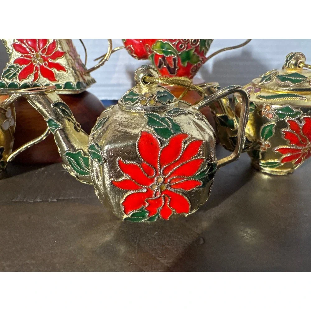 Cloisonne Enamel Teapot Christmas Ornaments Gold Poinsettia Holly Floral Set-5